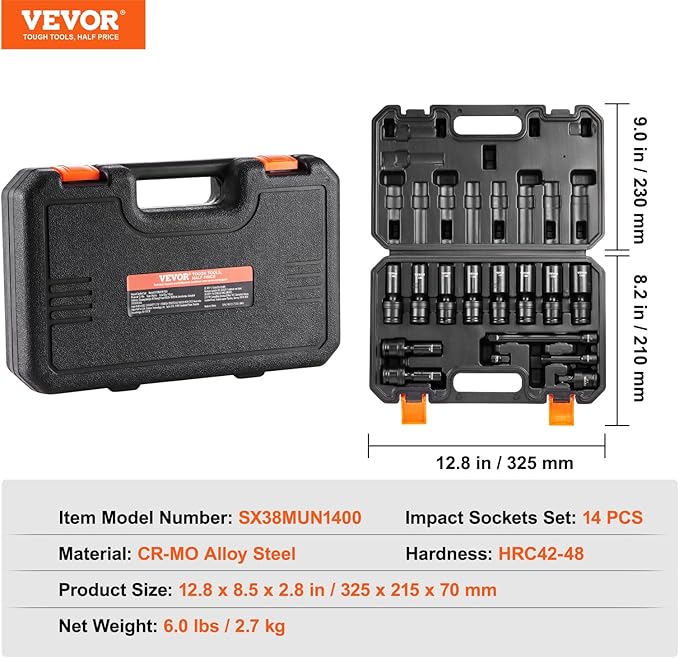 VEVOR 14PCS Universal Impact Socket Set - 3/8" Drive Deep Metric 10-19mm 6 Point - Swivel Socket with Flexible Wobble, CR-MO, Metric, Storage Case