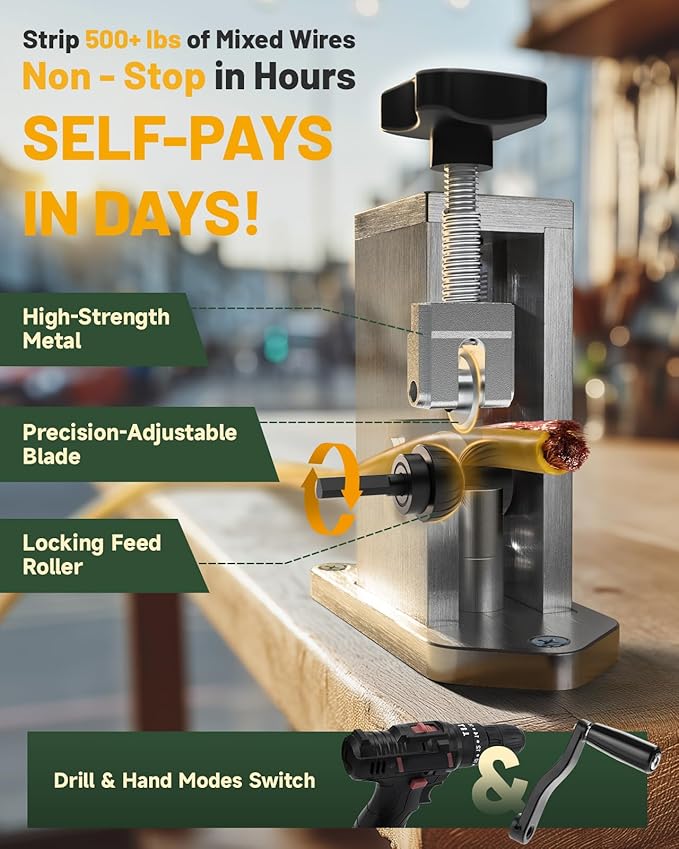 SMOQIO Wire Stripper Machine, 0.08" to 0.79" Scrap Wire Stripping, Manual/Drill-Powered Copper Stripper, Gift for Electricians and DIY with Clear Instruction