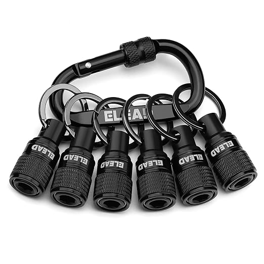 ELEAD 6-Piece Bit Holder Key Chain, 1/4 inch Black Hex Shank Bit Holders, Quick Release Design with Keychain Carabiner for Nut Driver, Screwdriver & Drill Bits, Tools Gifts for Men