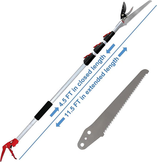Tree Pruner Extendable 4.5-11.5 FT, Tree Trimmer Telescoping with 4 Section, Long Handle Pruning Shears, Cut and Hold Clippers, Pole Saws Branch Cutter, Loppers, Fruit Picker Tool