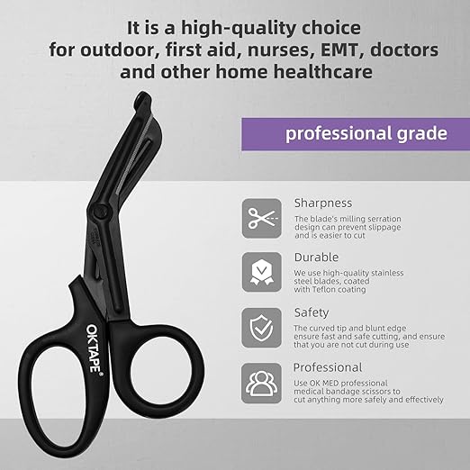OK TAPE Shears - Bandage Scissors竊똌edical Scissors, EMT Trauma Shears, Non-Stick Scissors, First Aid Outdoor Stainless Steel Teflon, Black Handle and Black Coated Blades, 1 Packs