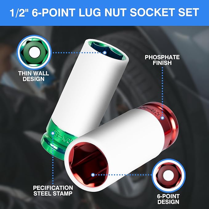 1/2" Drive Wheel Protector Impact Socket, Non-Marring Lug Nut Thin Wall Deep Socket Set, CR-MO, 6 Point, Color-Coded Protective Socket | Metric 15 17 19 21 22 mm (5 PCS)