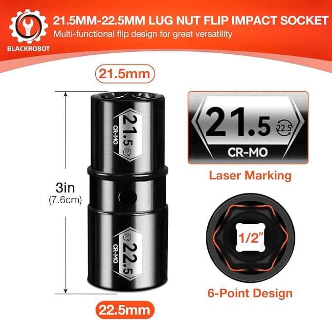 BLACKROBOT 1/2" Drive 21.5mm x 22.5mm Impact Lug Nut Socket, CR-MO, 6-Point, Electroplated Surface for Auto Repair