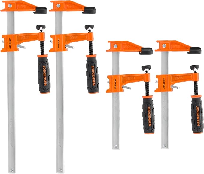 JORGENSEN 4-pack Steel Bar Clamps Set, 6 inch & 12 inch Medium Duty F-Clamp - 600 Lbs Load Limit for Woodworking