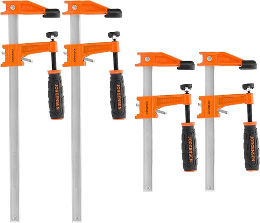 JORGENSEN 4-pack Steel Bar Clamps Set, 6 inch & 12 inch Medium Duty F-Clamp - 600 Lbs Load Limit for Woodworking
