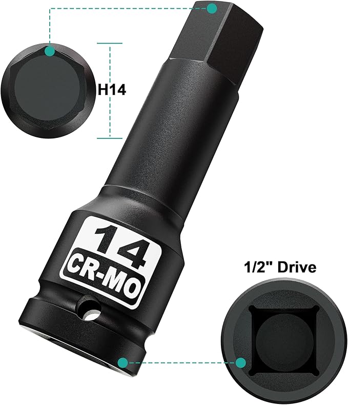 1/2" Drive 14 mm Hex Impact Bit Socket, H14 Allen Bit Socket, Metric, Cr-Mo Steel, Automotive Repair Industrial Maintenance and DIY Enthusiasts Alike