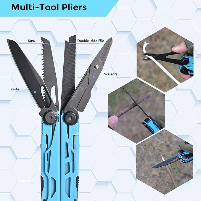 Multitool with Pocket Knife, 25-in-1 Stainless Steel Pliers and Screwdriver, Self-locking Multi-tool EDC Gear with Sheath, Suitable for Camping and Hiking (Powderblue)