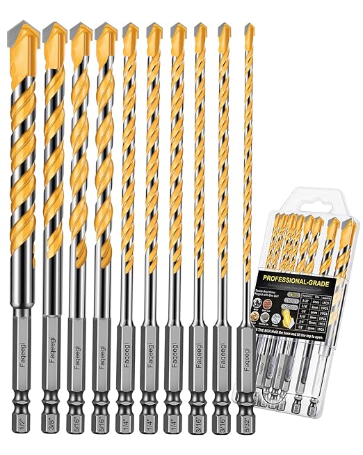 10PCS 6-Inch Masonry Drill Bit Set, YG10X Carbide Concrete Drill Bits, Shockproof Hex Shank for Tile/Brick/Cement/Glass, 5/32"-1/2", Heavy-Duty