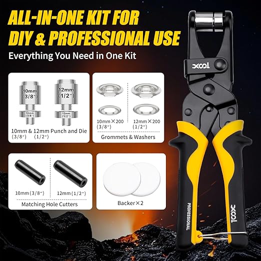 XOOL 2-in-1 Grommet Tool Kit, 1/2" & 3/8" 12mm&10mm Twist-Change Heads, Leathercraft Punching Tool with Magnetic System for Canvas, Leather, Tarps, DIY - 400PCS Grommets & Washers Included
