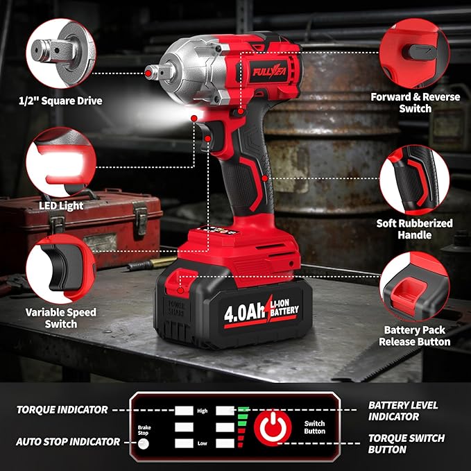 1/2" Cordless Impact Wrench, 406Ft-lbs (550N.m) Brushless Impact Gun Kit with 2x 4000mAh Battery & Fast Charger, 3000RPM High Torque Electric Impact Wrench, Power Impact Driver for Car Home