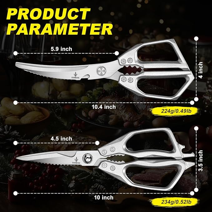 Heavy Duty Kitchen Scissors Set, Stainless Steel Kitchen Shears for Meat, Poultry & Seafood, Dual-Purpose Cooking Scissors for Food Prep, Dishwasher Safe