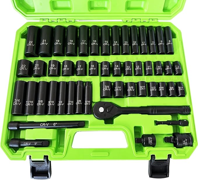 3/8" Drive Socket Set 50-Piece, SAE (5/16" - 3/4") & Metric (8mm - 22mm), Deep & Shallow Impact Socket Set with Case, 6 Points, Premium CR-V, Extension Bars, Universal Joint & Power Drill Adapter