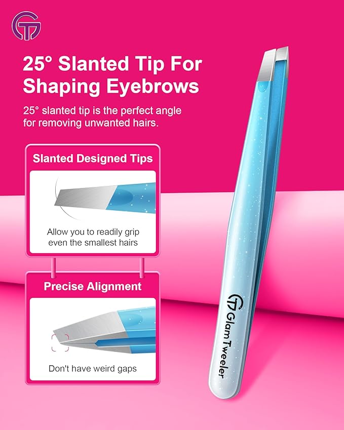 Expert Slant and Point Tip Tweezer Set with Exclusive Storage & Carrying Case, GlamTweeler Sharp & Precision Tweezer Set for Eyebrows, Facial Hairs and Fine Hairs Removal (Sparkle Blue + Silver)
