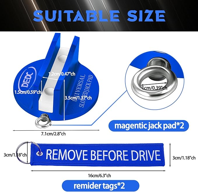 DEDC Universal Pinch Weld Jack Pad 2 Pcs Blue, Magnetic Aluminum Jacking Puck Frame Rail Protecotr with 2 Reminder Streamers, Garage Accessories for Mechanics
