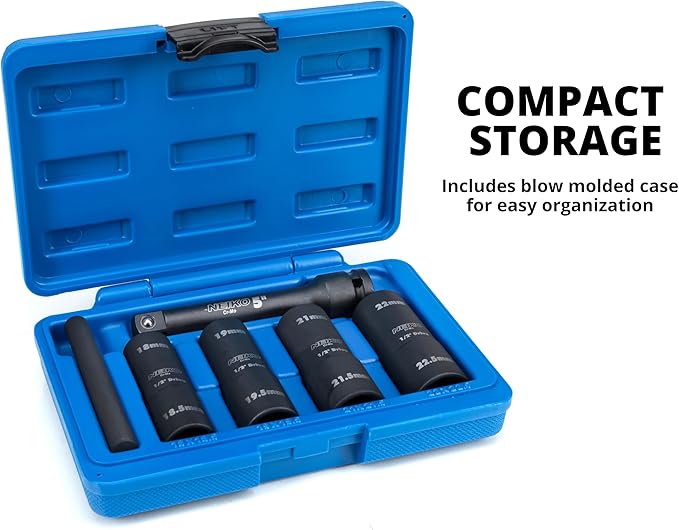 NEIKO 02290B Lug Nut Socket Set, 1/2??Impact Thin Wall Flip Socket Set, Half Size Wheel Socket Set, Metric 6 Point, 5" Extension Bar & Knockout Bar, 18.5mm, 19.5mm, 21.5mm, and 22.5mm