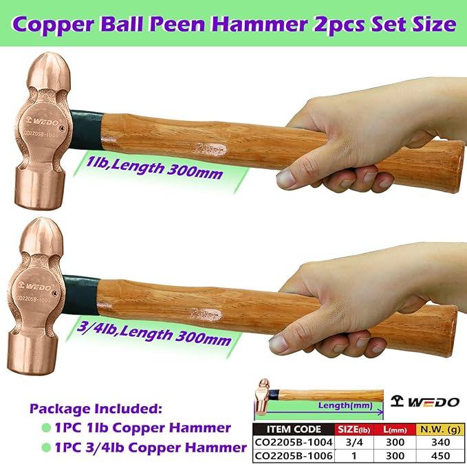 WEDO 2PCS Copper Ball Peen Hammer Set, 12 oz + 16 oz(3/4lb+1lb), Ball Pein Hammer with Wooden Handle, Die-Forged, Corrosion Resistant, DIN Standard