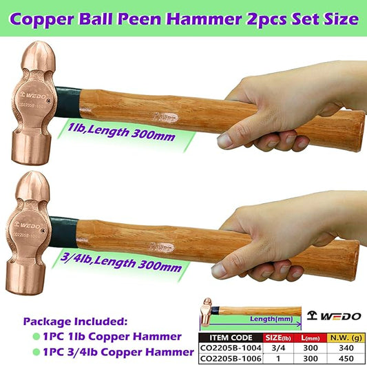 WEDO 2PCS Copper Ball Peen Hammer Set, 12 oz + 16 oz(3/4lb+1lb), Ball Pein Hammer with Wooden Handle, Die-Forged, Corrosion Resistant, DIN Standard