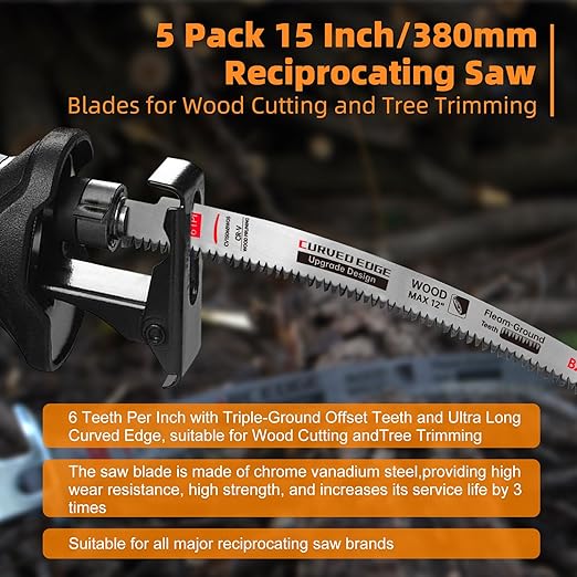 5 Pack 15 Inch 6 Tpi Japanese Teeth Reciprocating Saw Blades for Wood Cutting and Tree Trimming, Cr-V Sawzall Blades with Curved Edge and Fleam-Ground Teeth for Longer Life and Faster Cutting Speed