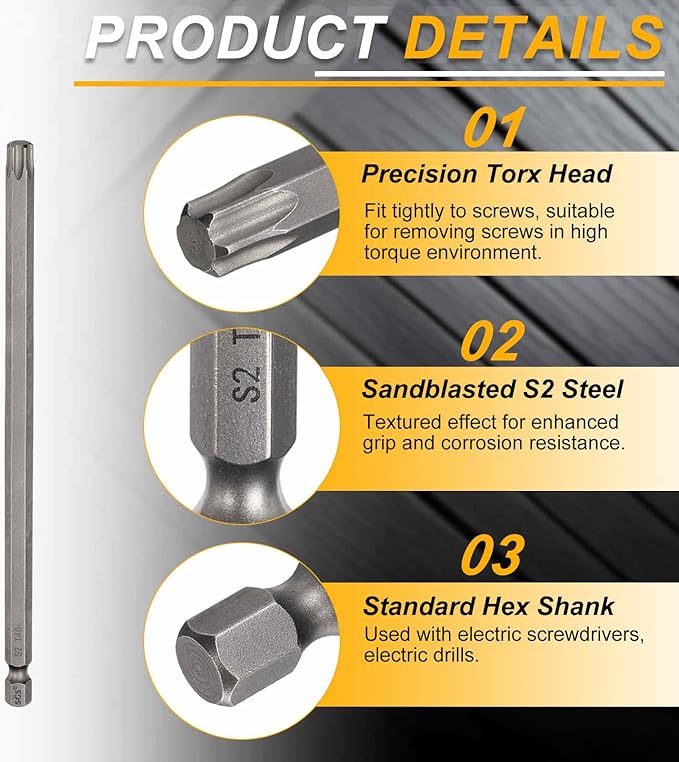 HARFINGTON 2pcs T40 Torx Head Screwdriver Bit 1/4" Hex Shank 6" (150mm) Long Magnetic No Hole Tip Tamper Proof 6 Point Star Screw Driver Drill Bits S2 Steel Industrial Power Screwdrivers