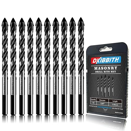 10-Piece 1/4" Masonry Drill Bits for Tile Glass Ceramic Wall Brick Stone Soft-Metal Wood, 1/4 Inch Concrete Drill Bits Cement Drill Bit Set, 3-Flat Shank, YG8 Carbide Tungsten Steel Alloy Tip 6mm