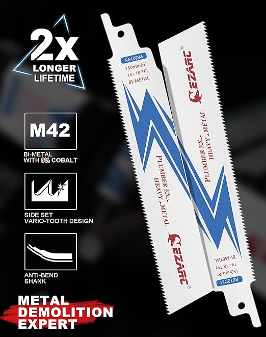 EZARC 25 Pack 6 inch 14+18 TPI Reciprocating Saw Blades for Auto Dismantling Steel Demon Bi-Metal for 1/16-5/16 Medium Metal R610DM