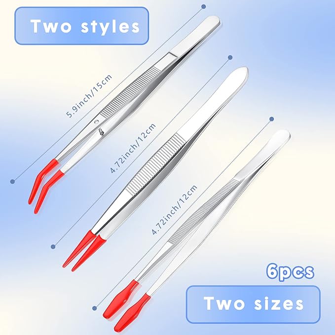 Mixweer 6 Pcs Rubber Long Tipped Tweezer Set for Jewelry Making Soft PVC Rubber Coated Tip Bent and Straight Flat Tip Precision Tweezer for Craft Bead Jewelry Stamps Industrial
