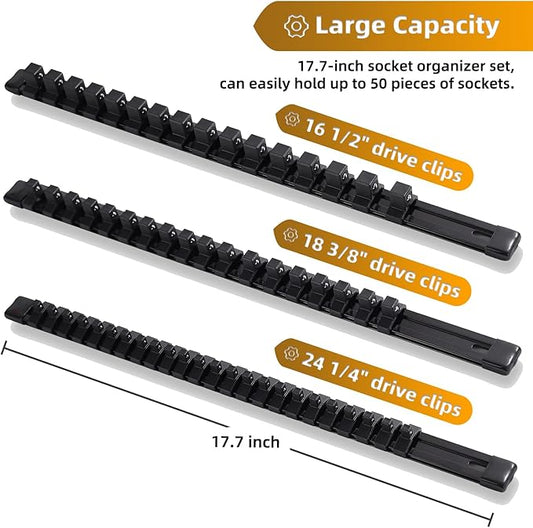 ALOANES 3-Piece Aluminum Alloy Socket Organizer, Heavy Duty Socket Racks, Socket Holder Kit for Toolbox Drawer Fit 1/2, 3/8, 1/4-Inch Socket Holder x 58 Clips (Black)