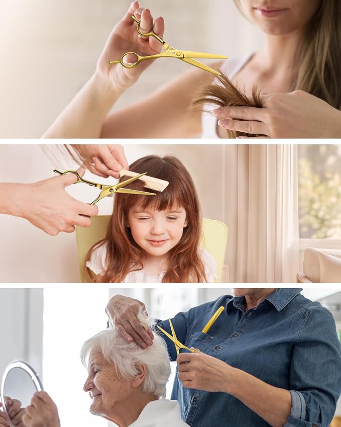 ULG Professional Hair Cutting Scissors Set ??6.5??Japanese Stainless Steel Barber Shears & Thinning Scissors with Comb, Clips & Case ??at-Home Salon Haircut Kit Gold