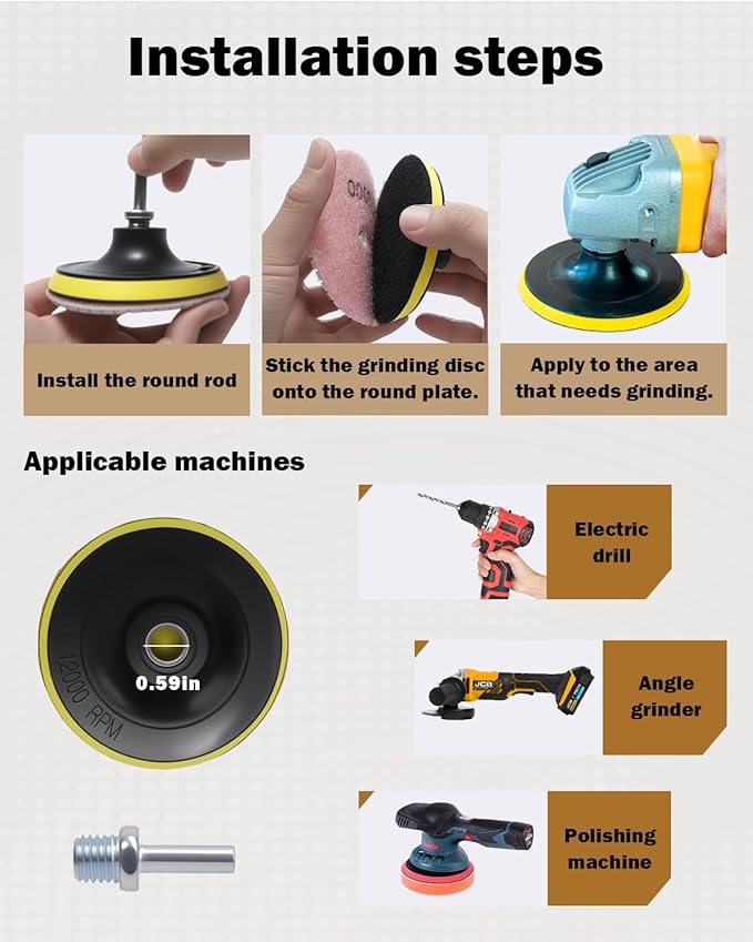 4 Inch Diamond Polishing Pads Kit, 14 Pcs Granite Polishing Pads 50#-3000# Pads with Metal Rods, for Granite, Concrete, Marble, Stone, Tiles, with Floor Grinder or Polisher