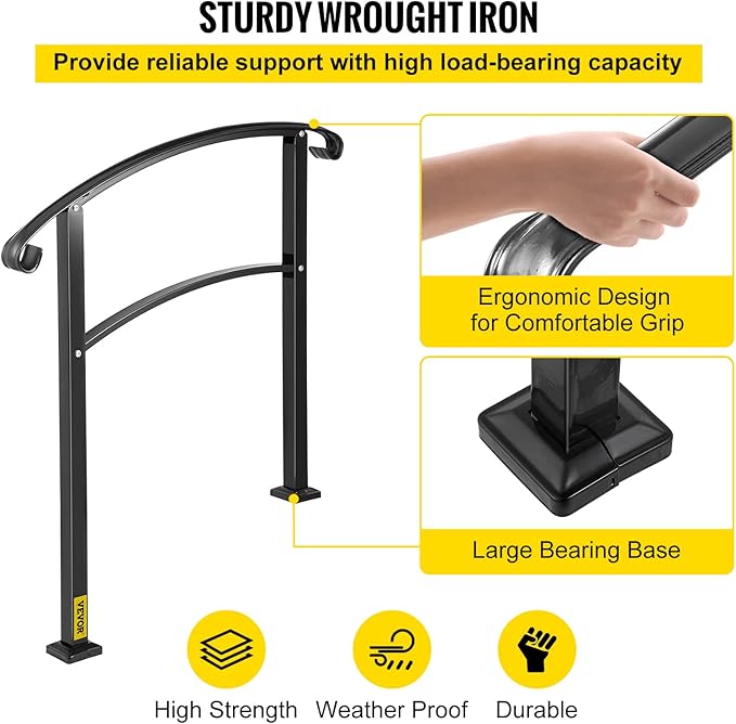 VEVOR Outdoor Steps Handrail, Black Arch#1, Adjustable Metal Staircase Railing, Thickened Porch & Deck Railing