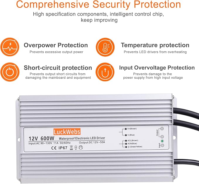 LED Driver 12V600W Waterproof Power Supply AC 90-130V to DC 12V50A Low-Voltage IP67 Switching Power Supply Outdoor LED Garden Landscape Lights LED Strip Light Spotlights Transformer