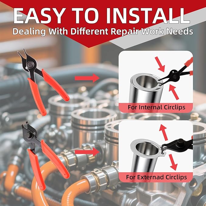 10-Piece Snap Ring Pliers Set, Heavy Duty Internal & External Circlip Pliers Kit with Straight/Bent Tips, Hook, Pick, C-Clip Ring and Circlip Removal Tool for Automotive & Mechanical Repair