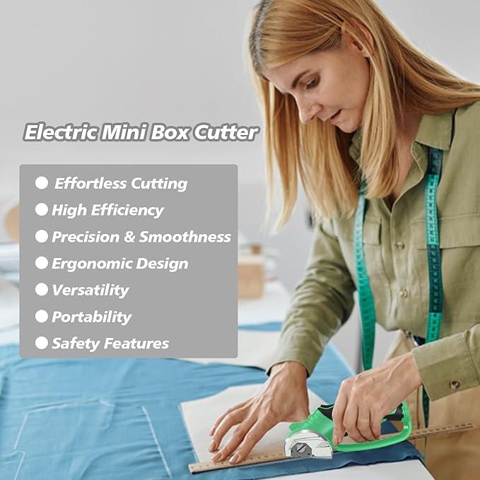 Cordless Electric Scissors, 4V Rechargeable Box Cutter & Cardboard Cutter with Titanium Blade, LED Light, Safety Lock - Rotary Cutter for Fabric, Leather, Plastic, Crafting, Sewing(Bright Green)