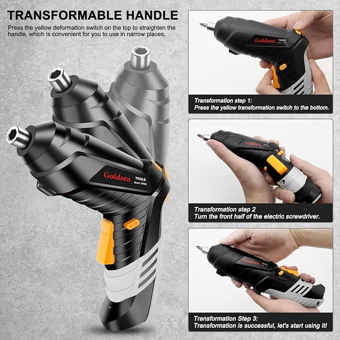 Electric Screwdriver Goldsea 4.2V Cordless Screwdriver 3.5N.m 1500mAh Type-C Charging 10pcs Screwdriver Bits 1/4??Hex Chuck 90째/180째 deformation handle Forward and reverse adjustment LED Light