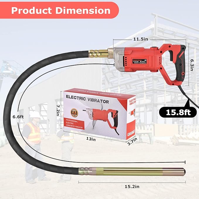 Seeutek Concrete Vibrating Tool - 1600W Electric Concrete Vibrator with 6.6ft Shaft Rod, 15000VPM Portable Pencil Cement Vibrator for Industrial Concrete Construction, Easy to Use