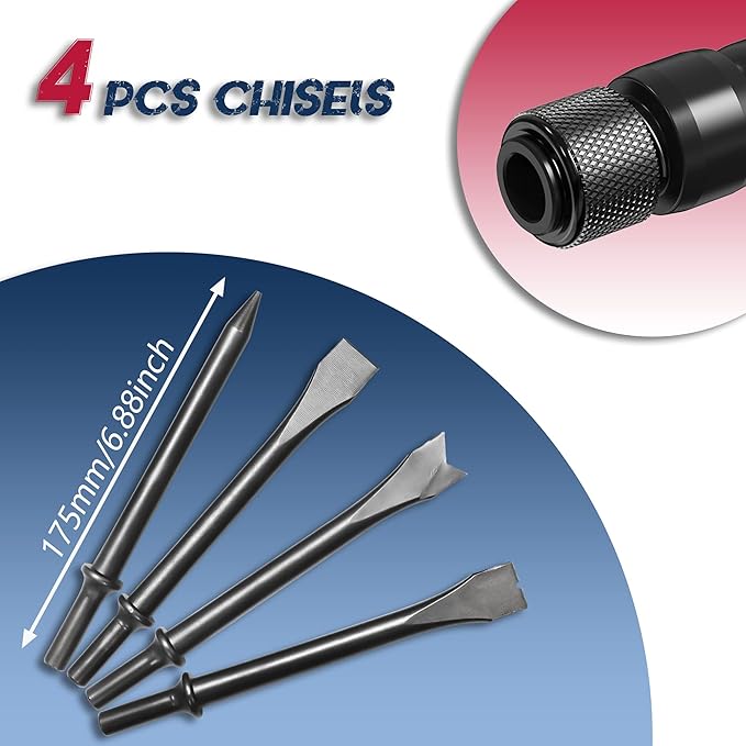 Air hammer, NEU PNEUPACTURE 190mm short barrel air chisel kit, with 4pcs chisels, with quick change retainer, 3500bpm air chisel for shoveling and cutting