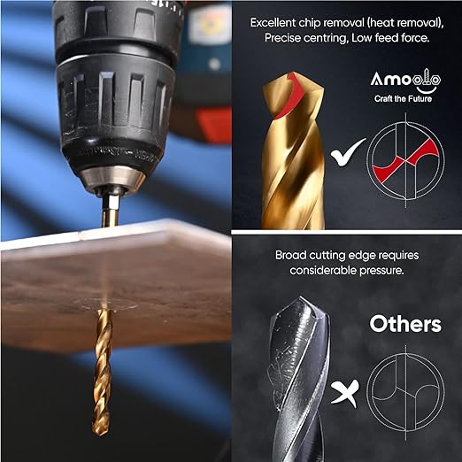 amoolo 3/8 Impact Drill Bit Sets, 5Pcs Titanium HSS Twist Hex Shank Drill Bit Set for Metal, Steel, Wood, Plastic, Quick Change Design