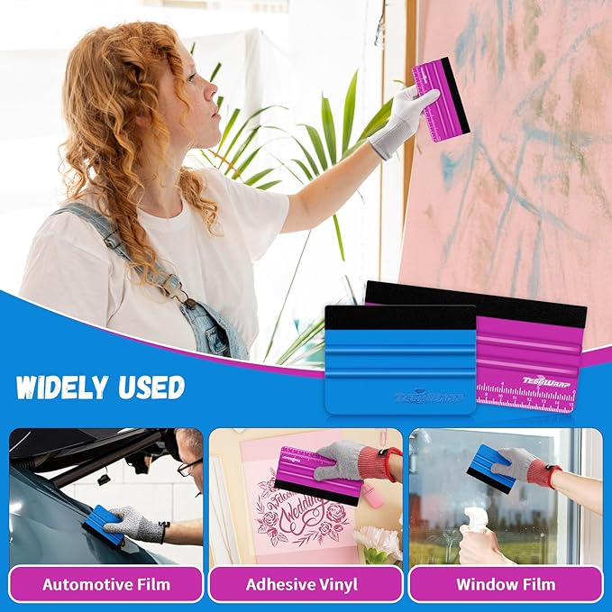 TECKWRAP Professional Squeegee for Vinyl, 20 PCS Plastic Felt Squeegee Tool Decals Inkjet Vinyl Sticker Paper, and Wallpaper Application Tools, 6 Inch Pitaya횞10 & 4 Inch Blue횞10