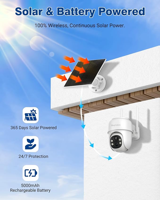Septekon 360째PTZ Security Cameras Wireless Outdoor 2 Pack, 2K Solar Battery Powered Cameras, 2.4G WiFi Camera with Spotlight, Motion Detection, Siren, Color Night Vision, IP66, White