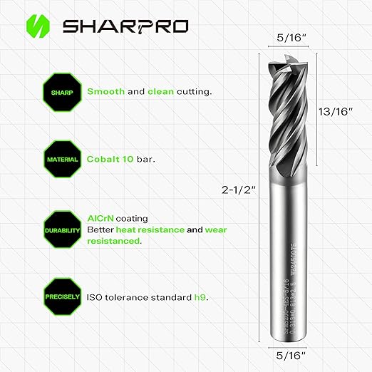 SHAPPRO 5/16 Inch Shank Carbide Square End Mill, 4 Flute CNC End Mills, Heat-Resistant Metal Endmill Suitable Alloy Steel, Stainless Steel, Various Cast Iron