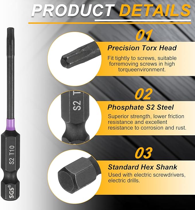 HARFINGTON 5pcs T10 Torx Head Impact Screwdriver Bits 1/4" Hex Shank 2.6" (65mm) Long Magnetic No Hole Tamper Proof 6 Point Star Screw Driver Drill Bits Phosphate S2 Steel Power Tools