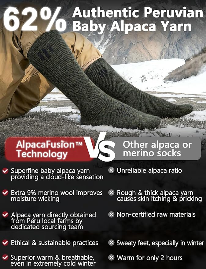 Alpaca Wool Boot Socks Men and Women, Heavyweight Thick Thermal Socks Cold Weather Hunting Hiking, Moisture Wicking
