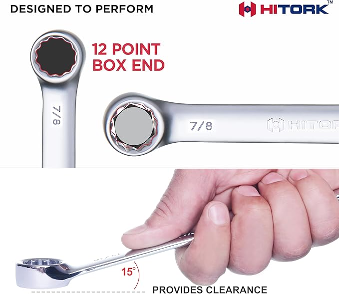 Hitork 24-Piece Combination Wrench Set, SAE (1/4"??") & Metric (8??4mm), Cr-V Steel, Mirror Chrome Finish, 12-Point Box End, 15째 Offset, with Roll Pouch ??Ideal for Home, Garage & Auto Repair