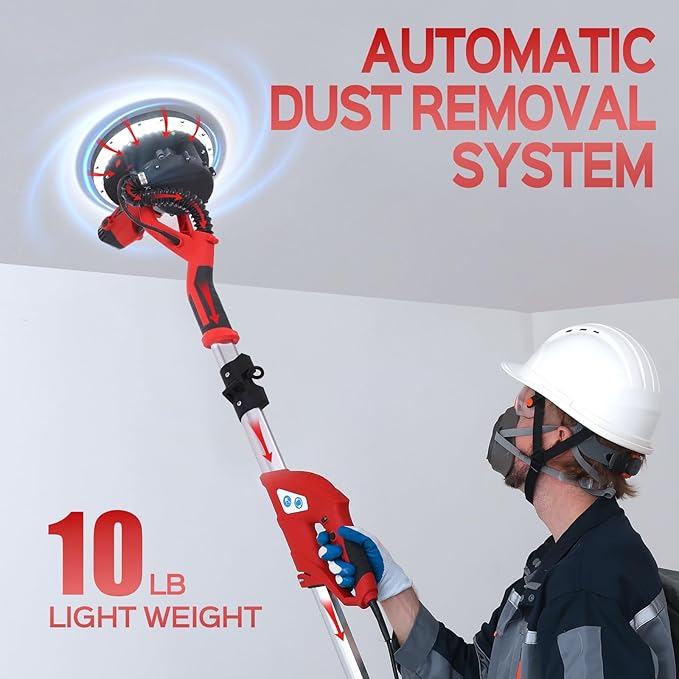 Drywall Sander, 2025 Upgraded 8-Amp Popcorn Ceiling Removal Tool with 7 Variable Speed 800-1800RPM, Drywall Sander with Vacuum Dust Collector with Extendable Handle, LED Light, 12pcs Sanding Discs,Red