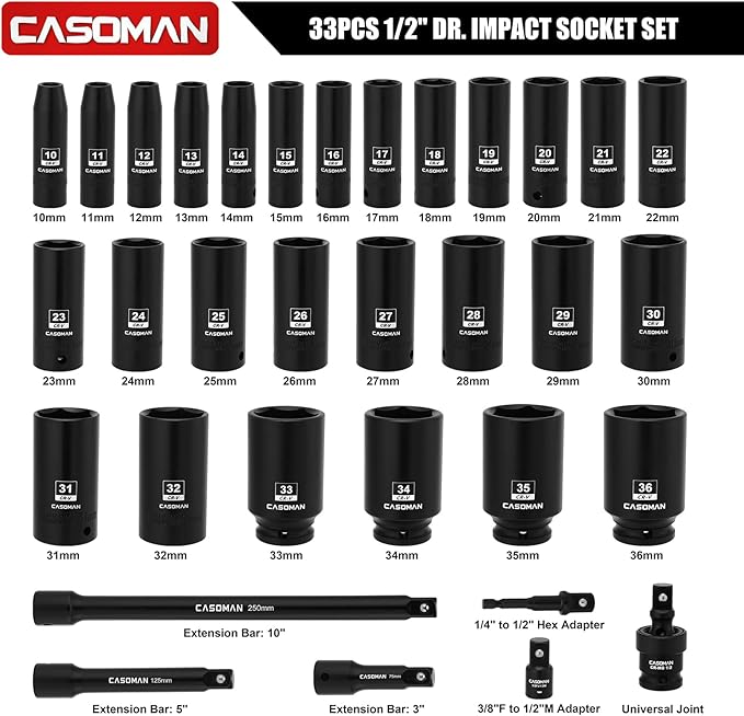 CASOMAN 33 PCS 1/2" Drive Deep Impact Socket Set with Case, 6-Point, 10mm - 36mm, Metric, Include Extension Bars, Drill Adapter and Universal Joint