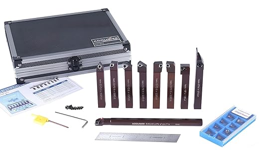 Accusize Industrial Tools 1/2'' Shank 9pc Indexable Carbide Turning Tool & Boring Bar Set for Cutting Aluminum, 3988??012