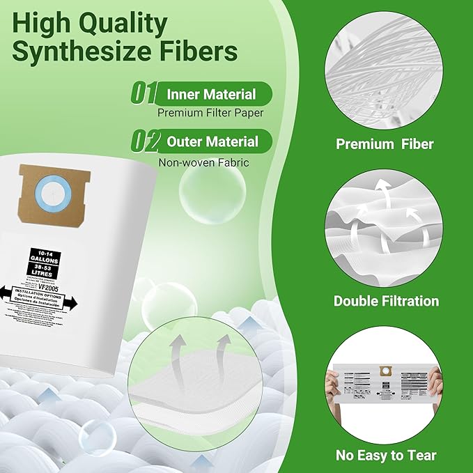 10 Pack Vacuum Bags Replacement for Shop Vac Bags 10-14 Gallon Type F 90662 9066200 9066233 and Type I 90672 9067200 9067233, PETOX High-Efficiency Disposable Vaccum Collection Filter Bags