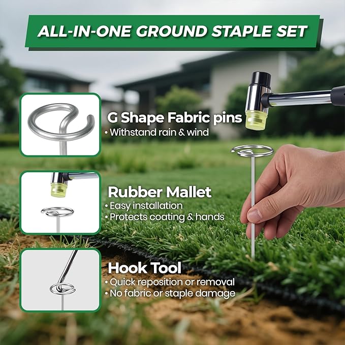 Garden Staples, 150pcs G-Shaped Landscape Stakes, Heavy Duty Weed Barrier Stakes Lawn Staples with Staples Remover and Mallet, Yard Stakes for Lawn Edging, Ground Cover, Outdoor Gardening Projects