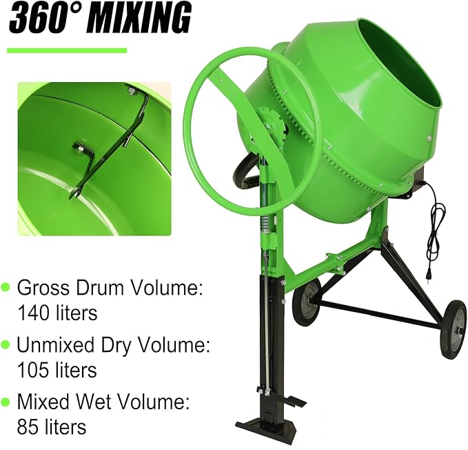 Electric Concrete Mixer 5.0 Cu Ft 140L Power Cement Mixer 600W Wheelbarrow Mixing Machine with Stand And Wheels for Stucco, Mortar, Seed