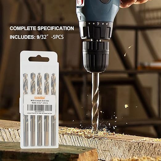 Luckyway 9/32" Cobalt Drill Bit (5 Pcs), Jobber Length Twist Drill Bit Set for Hard Metal, Stainless Steel, Cast Iron, Wood and Plastic, with Storage Case